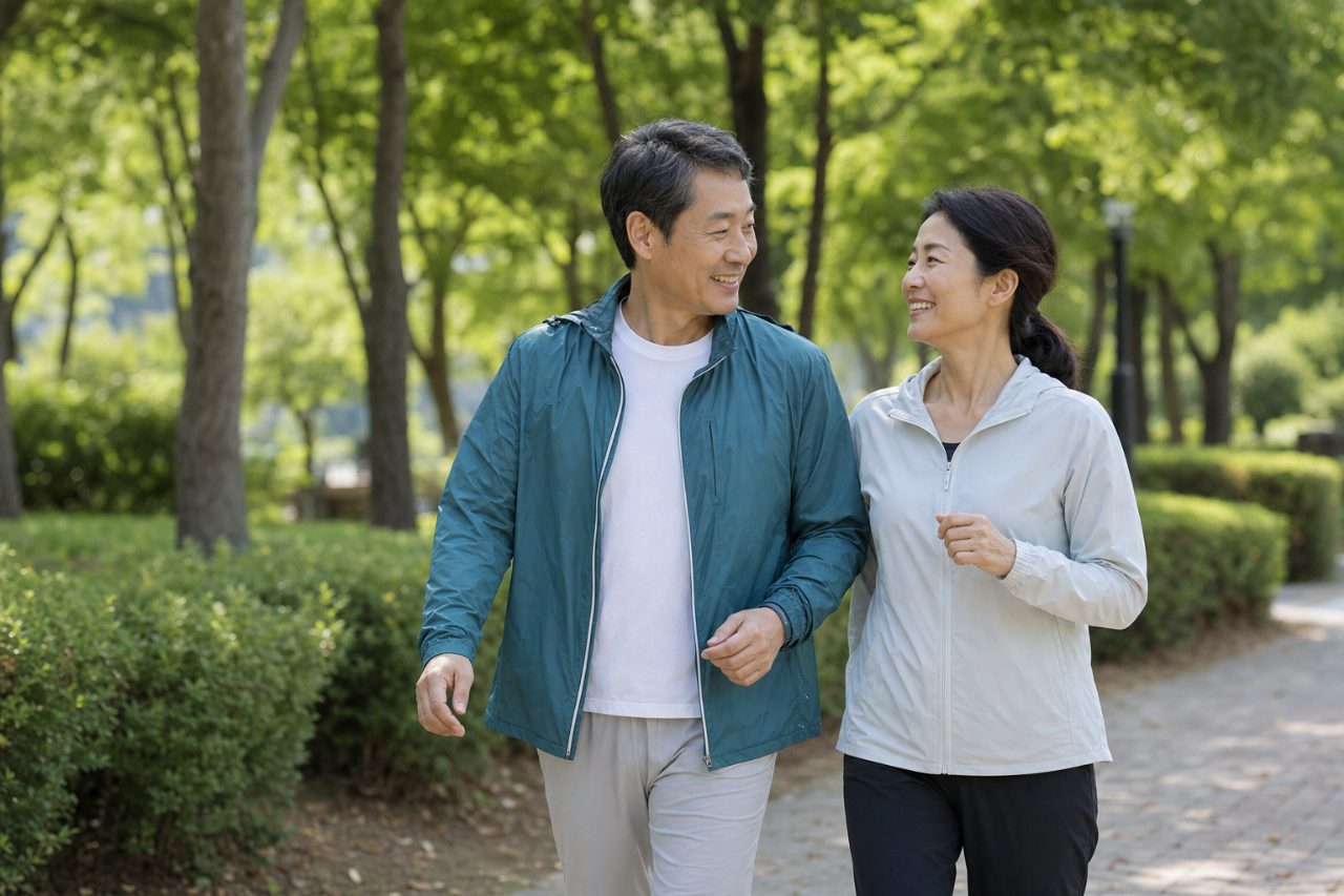 공원에서 가볍게 걷기 운동을 실천하는 중년 부부의 모습.