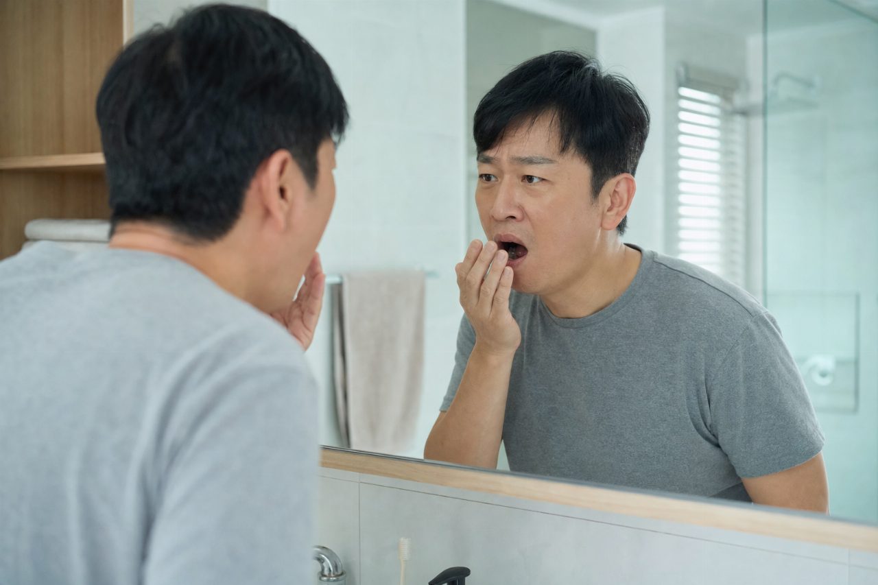 40대 남성이 아침에 욕실 거울 앞에서 입 냄새를 점검한다.