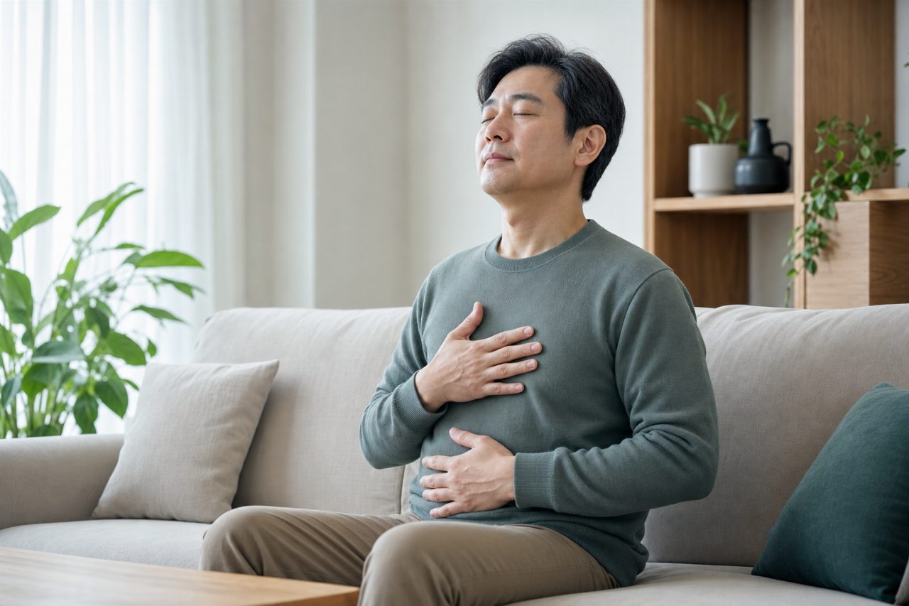 소파에 앉아 심호흡을 연습하는 40대 남성의 모습.