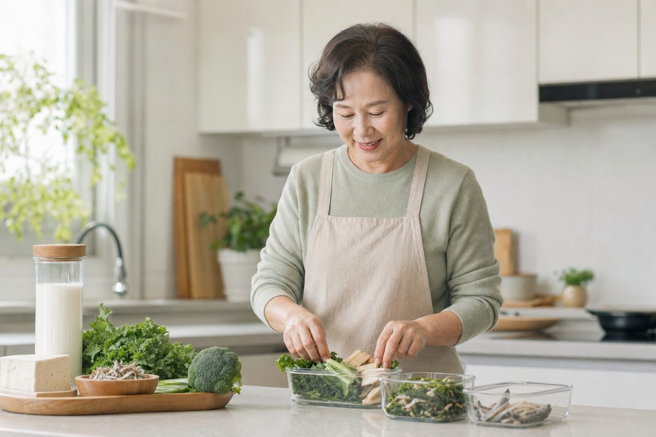 칼슘과 비타민D가 풍부한 식재료로 점심을 준비하는 60대 여성.