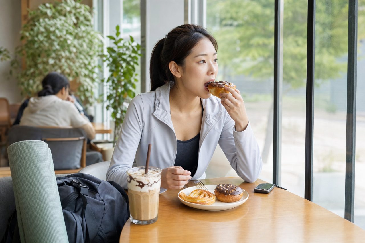 운동 후 단 음료나 고칼로리 간식을 먹는 장면