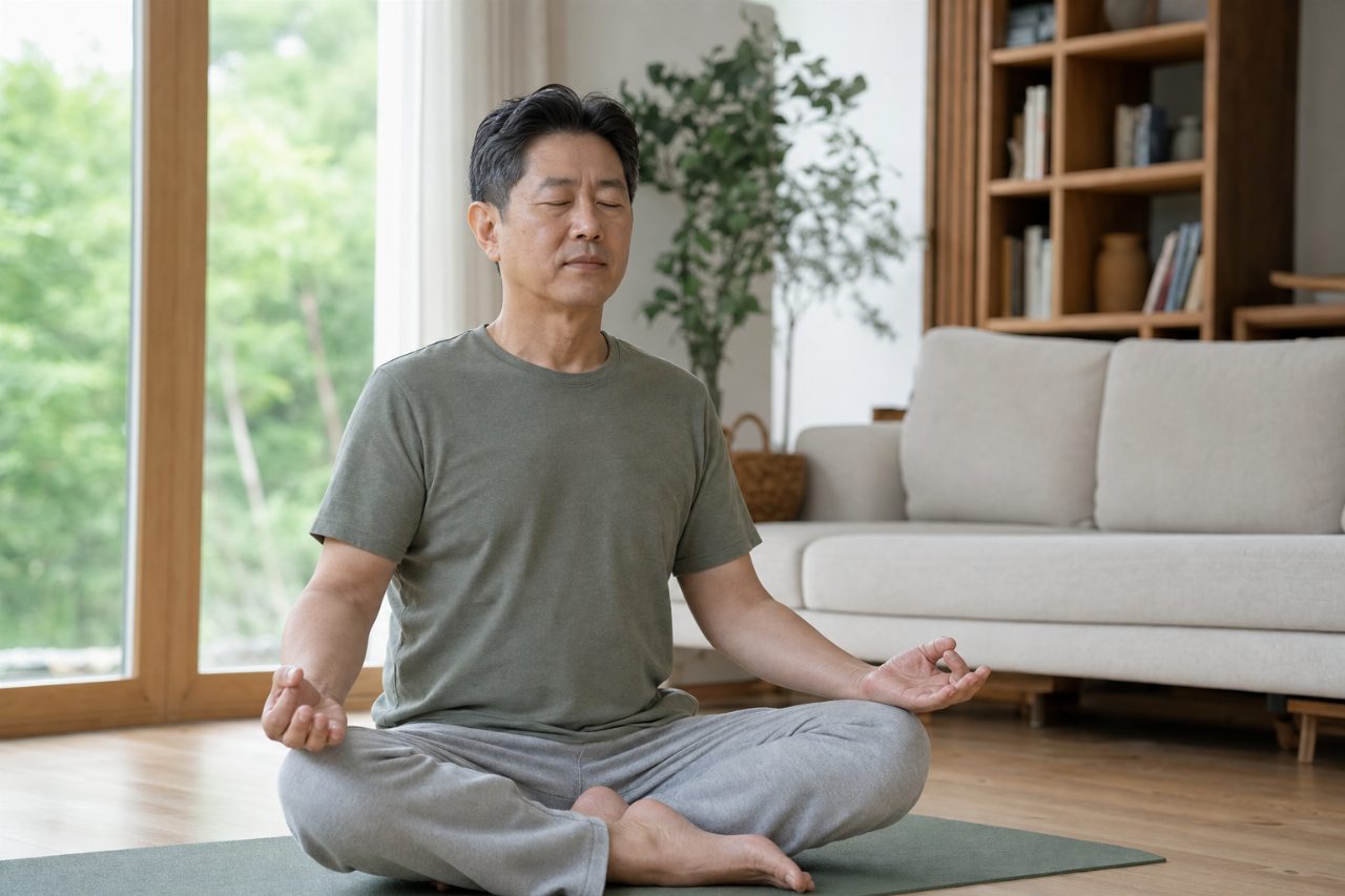 조용한 방에서 명상과 심호흡을 실천하는 중년 남성.