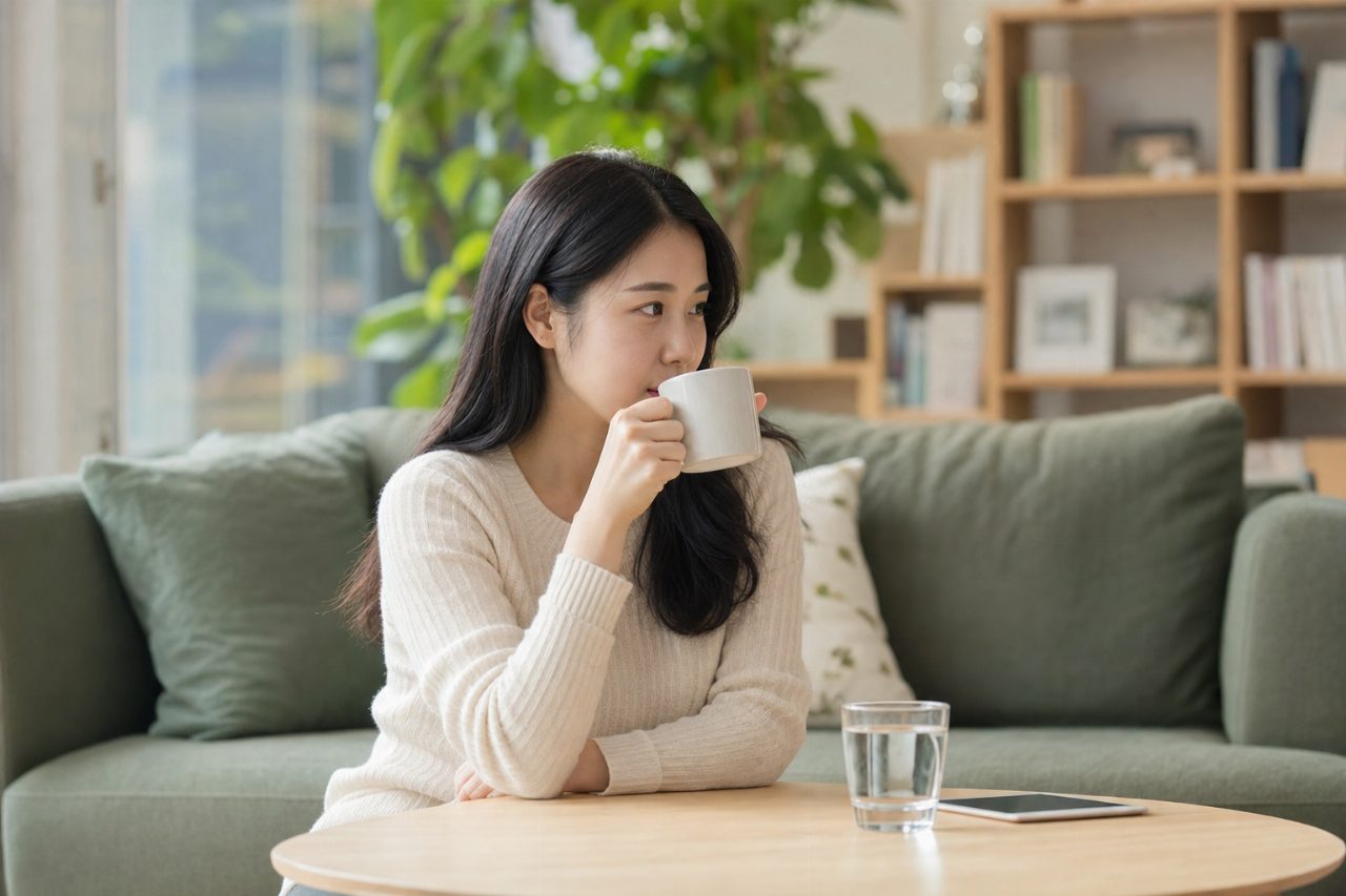 커피와 물을 함께 마시는 20대 여성의 하루 일상
