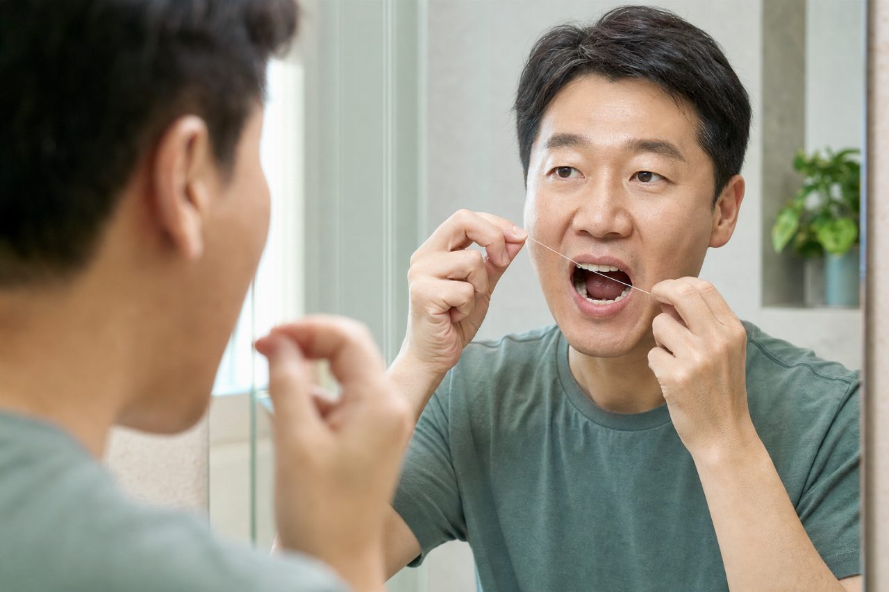 남성이 치실을 사용해 구강 관리를 실천하는 모습.