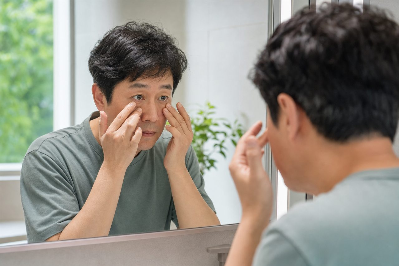 아침에 눈 주변이 붓는 중년 남성의 모습