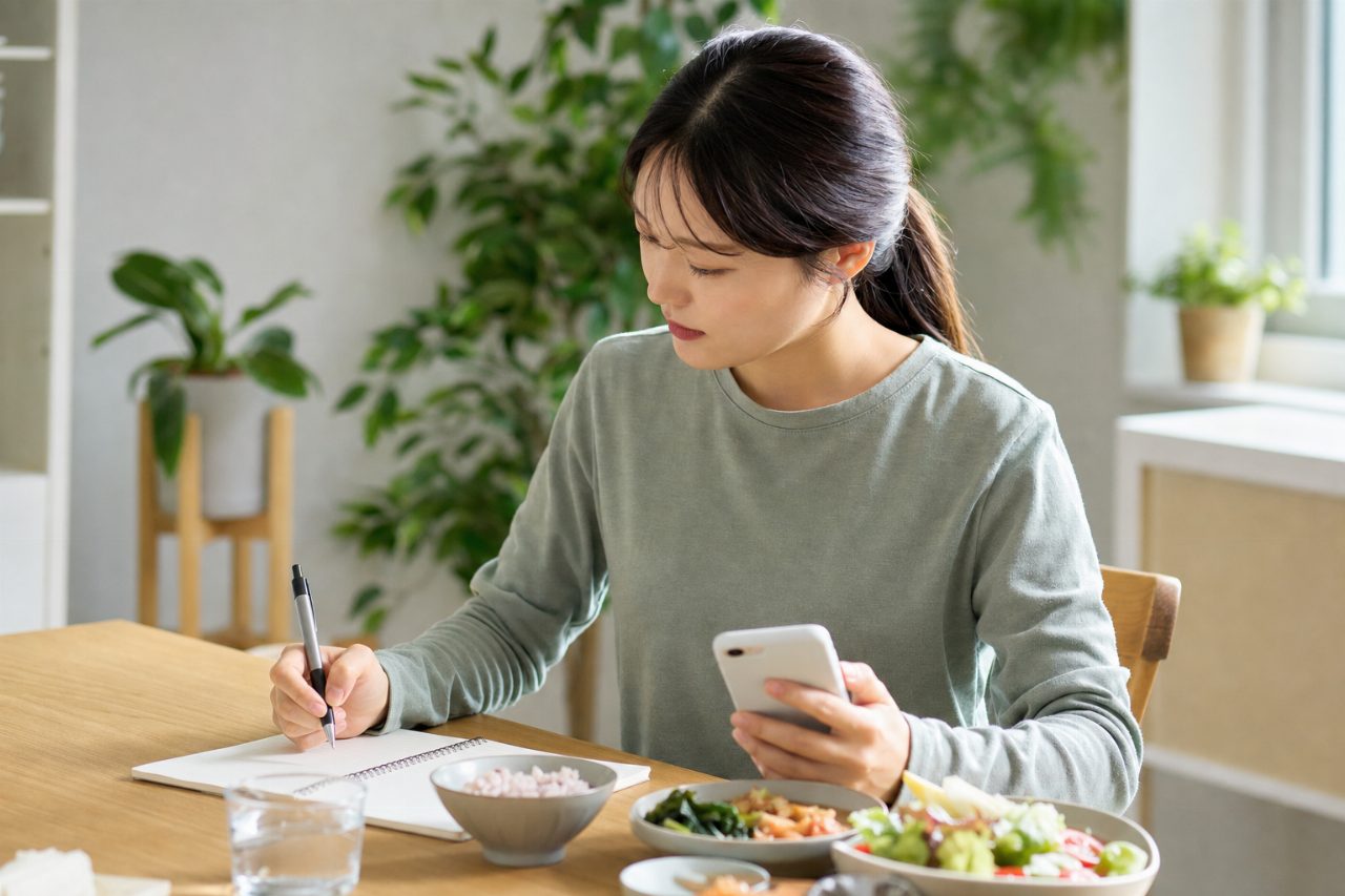 본인의 식단을 기록하며 영양 섭취를 체크하는 30대 여성