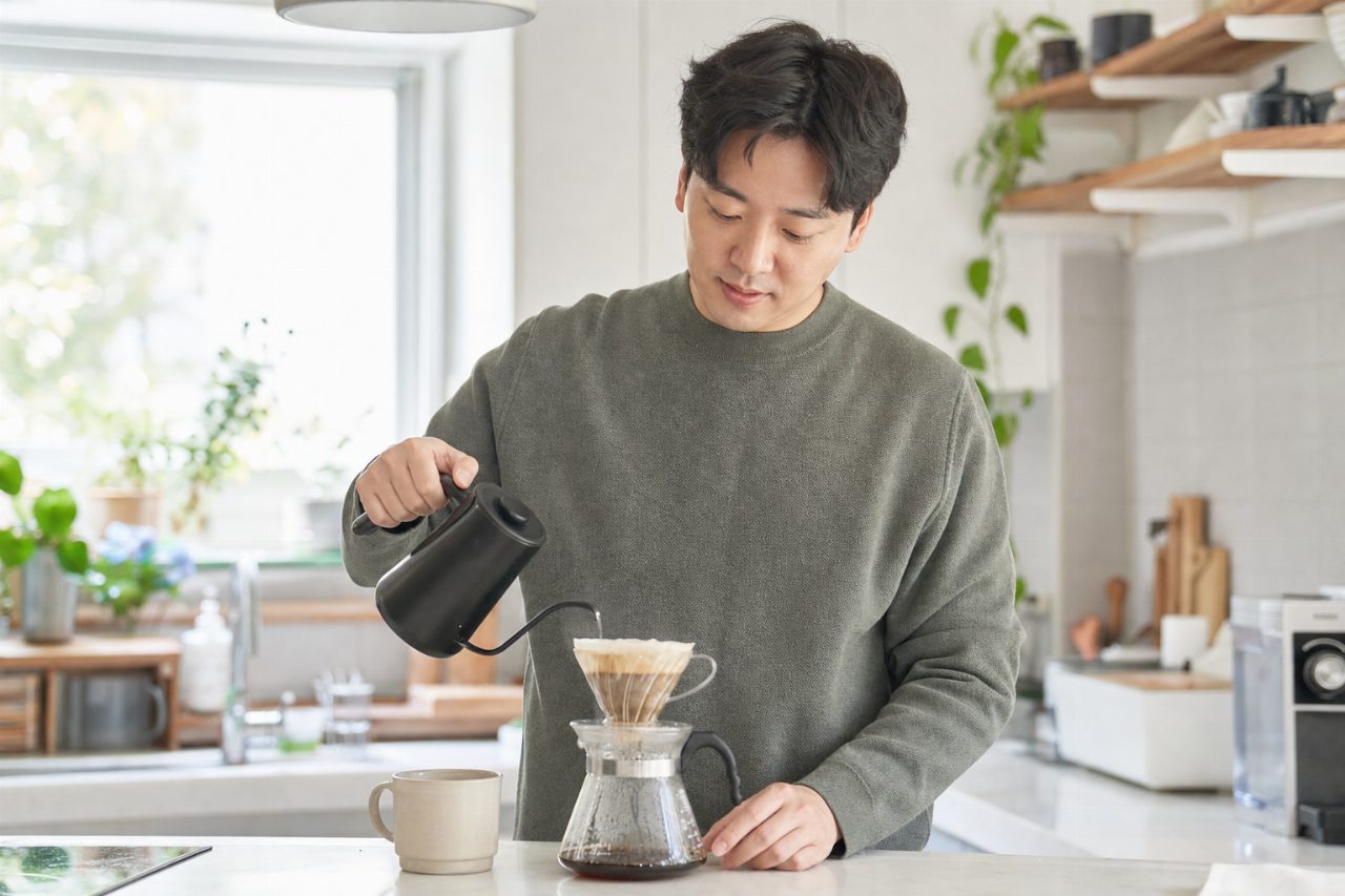 커피를 내리는 30대 남성이 아침 준비를 하고 있다