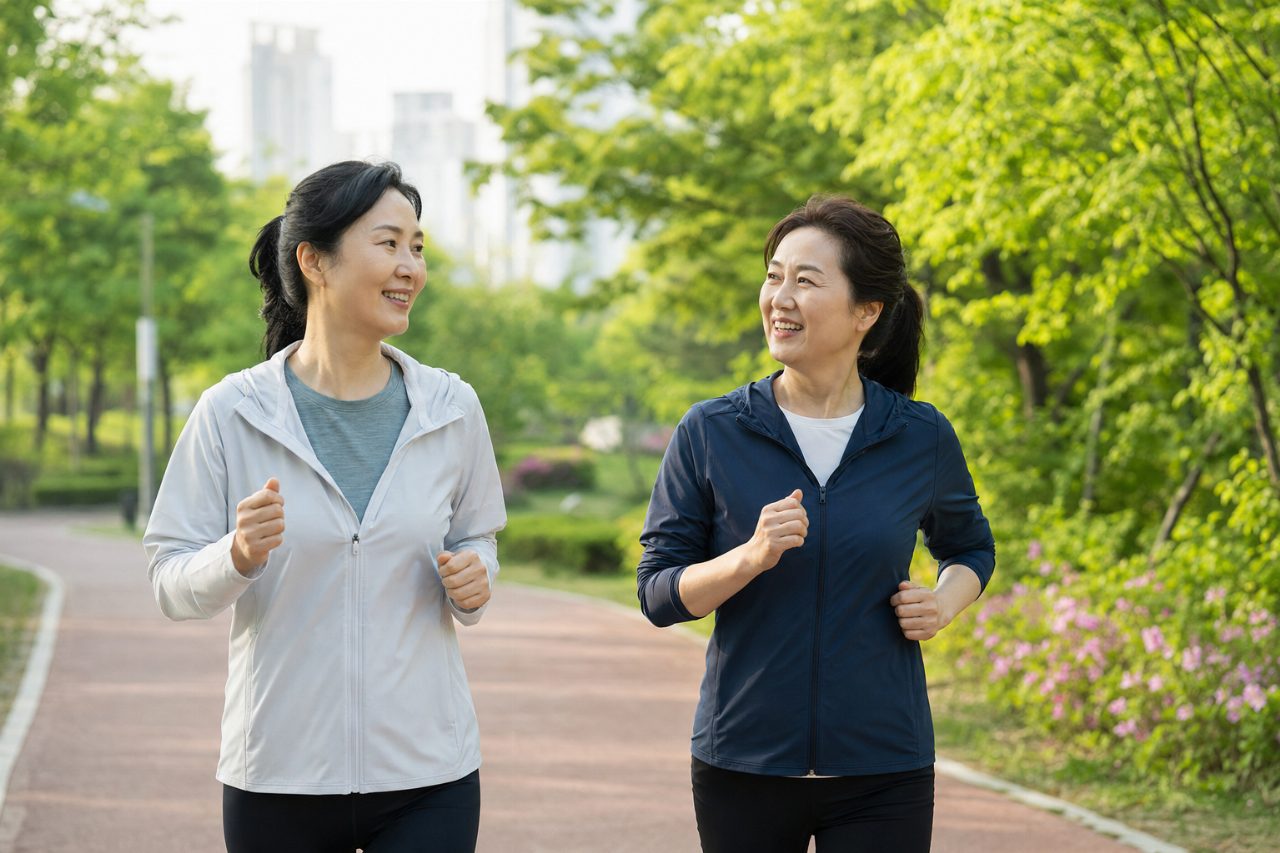 운동을 하며 건강을 관리하는 40대 여성 두 명