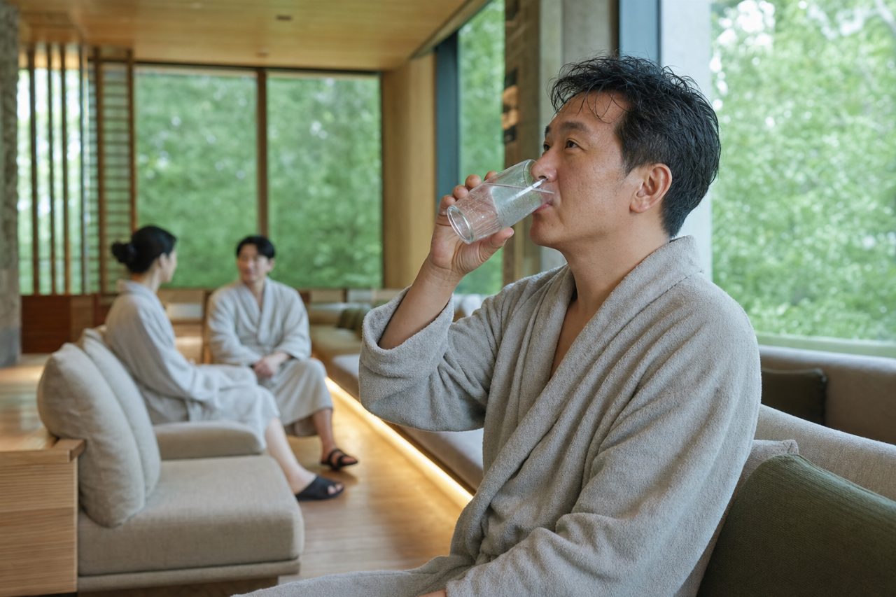 사우나 후 수분을 섭취하며 몸을 식히는 40대 남성.