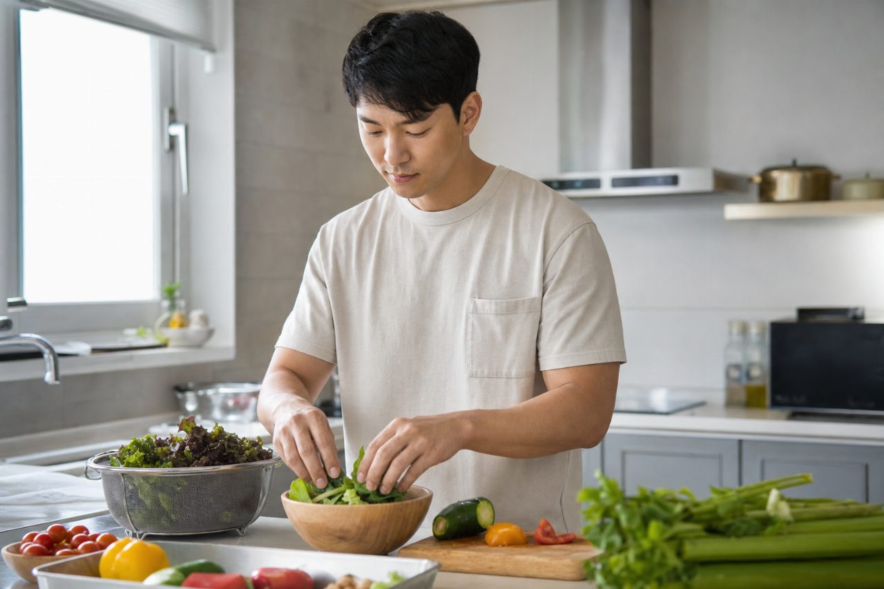 식탁에서 신선한 채소로 식사를 준비하는 30대 남성