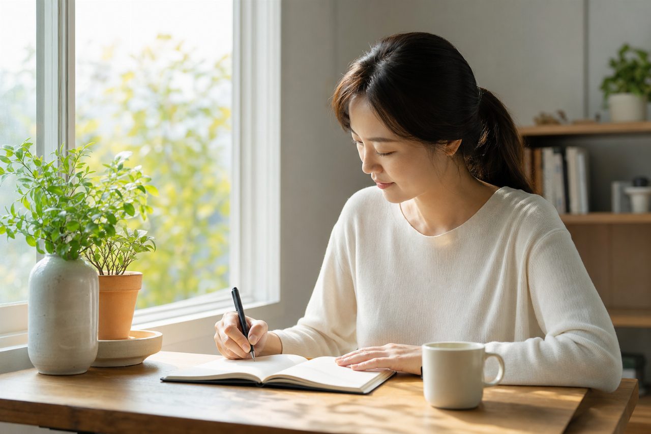 자신의 감정을 노트에 기록하는 30대 여성의 모습.