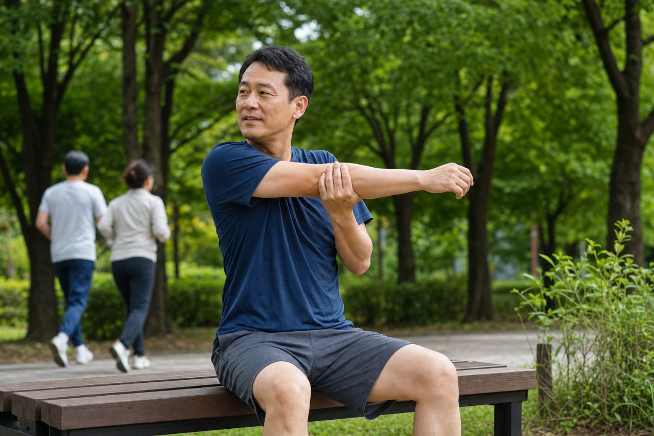 공원 벤치에서 간단한 운동과 스트레칭을 하는 40대 남성