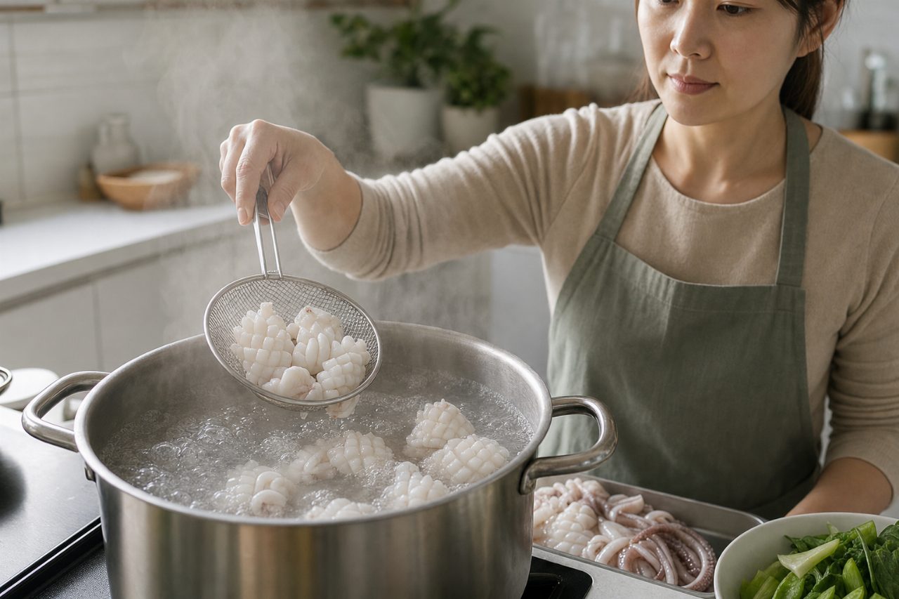 끓는 물에서 몸통의 칼집이 벌어지기 시작한 오징어.
