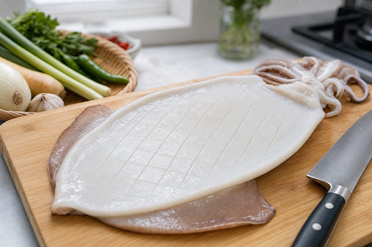 몸통 안쪽에 칼을 눕혀 얕은 마름모 칼집을 내는 과정.