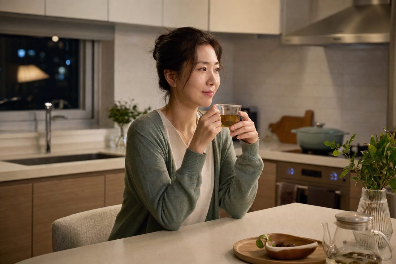 야식 대신 따뜻한 차 한 잔이 놓인 밤의 부엌