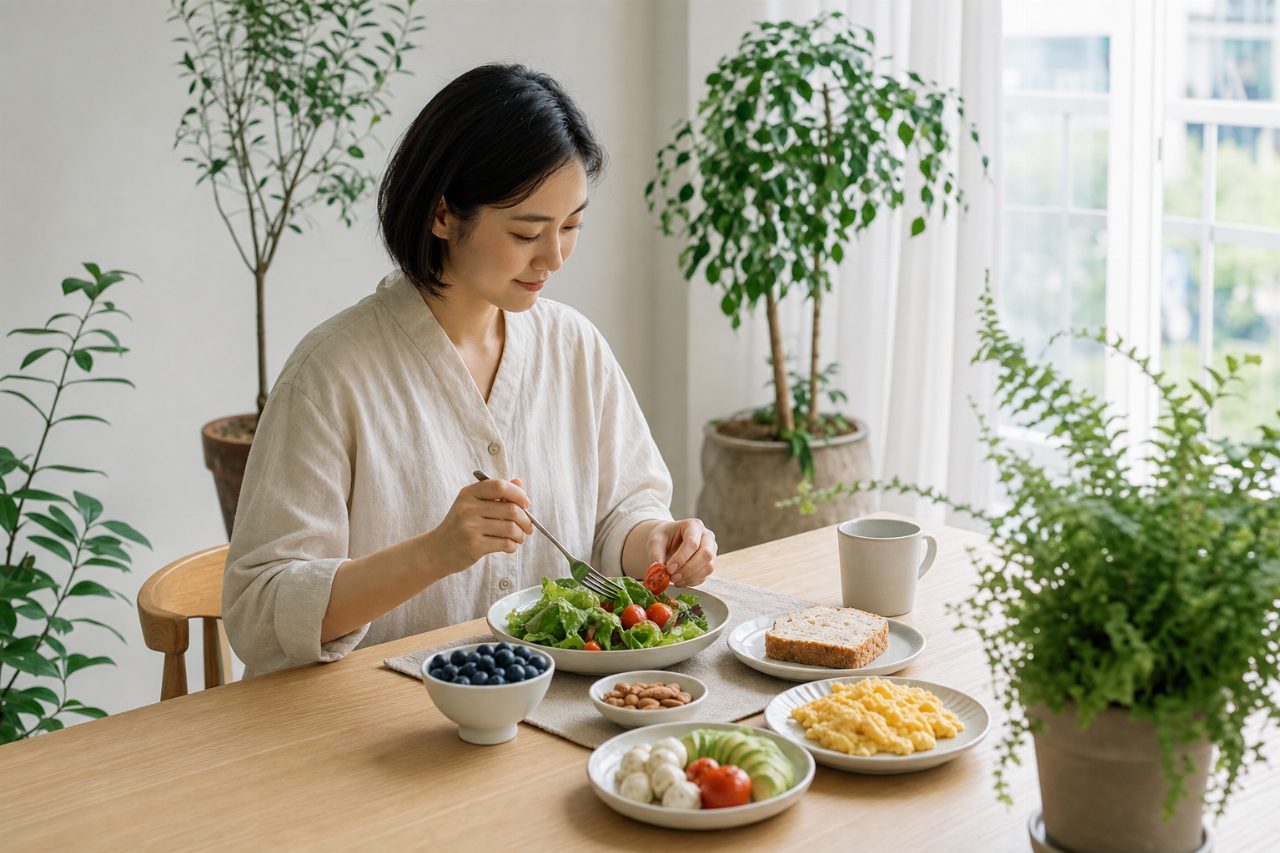 실내에서 식물과 함께 아침 식사가 준비된 식탁