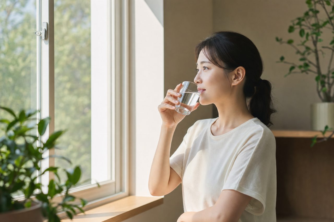 햇살이 드는 창가에서 물 한 잔이 담긴 유리잔