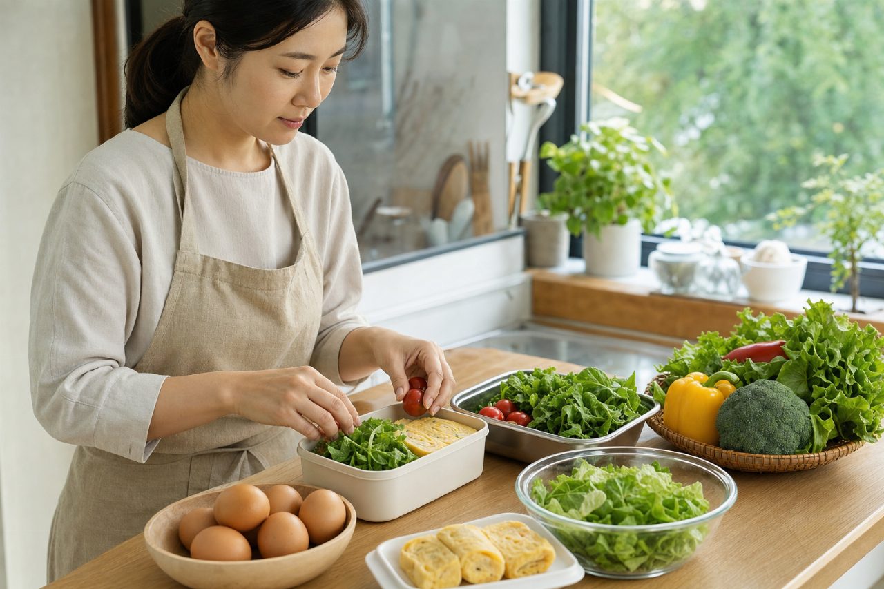 도시락 준비에 쓰이는 신선한 채소와 달걀