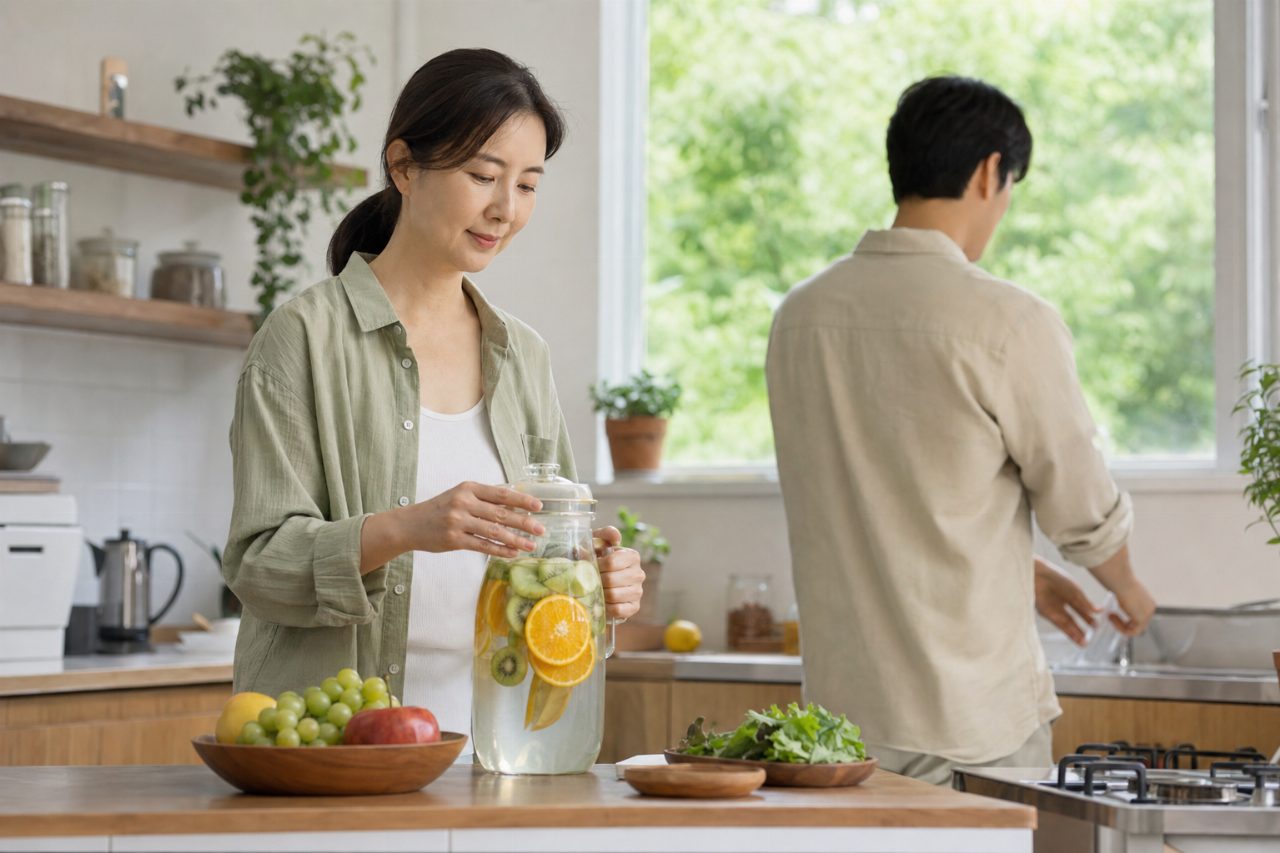 생과일을 띄운 물이 유리병에 담겨 주방에 놓여 있다.