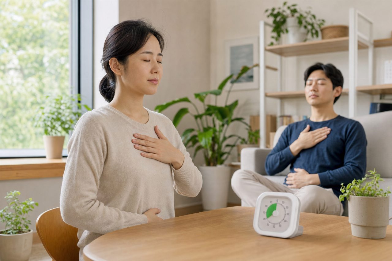짧은 시간 타이머와 함께 간단한 심호흡을 실천하는 환경