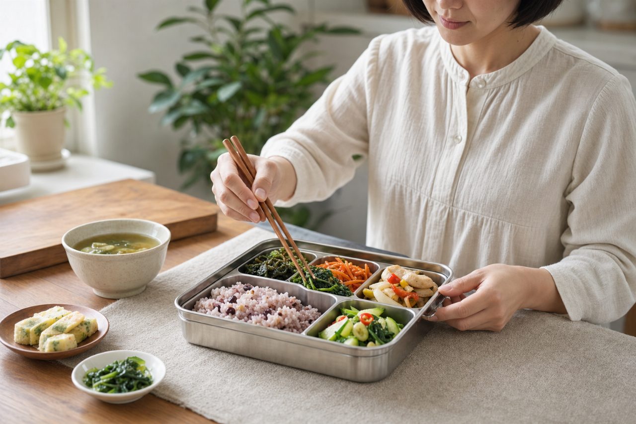 도시락에 잡곡밥과 여러 가지 반찬을 함께 구성한 예시