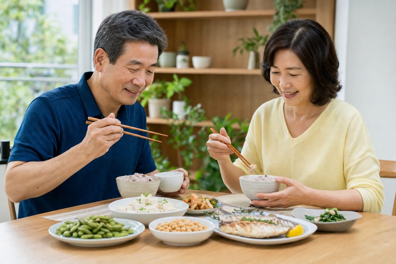 콩, 두부, 생선 등 다양한 단백질 식품 모습