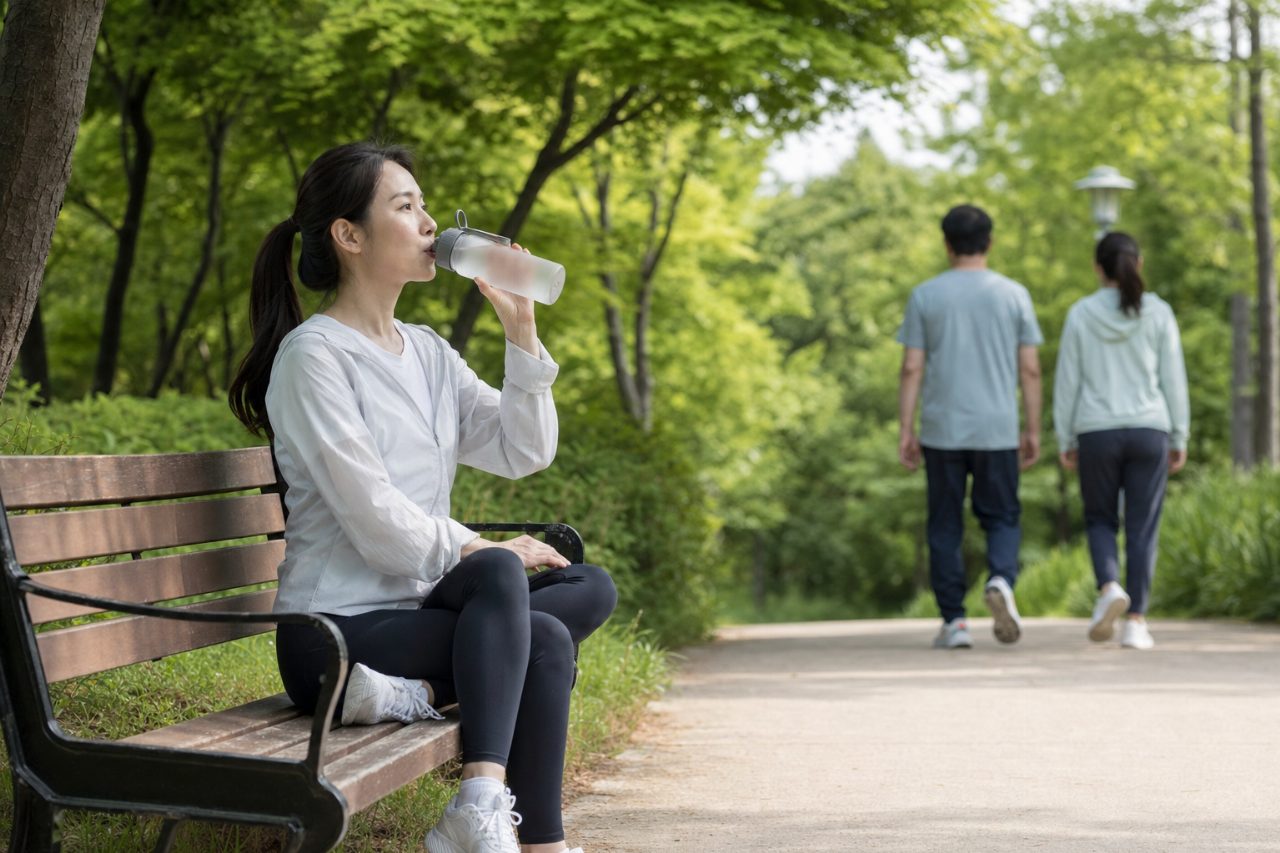 운동화와 물병, 산책길이 있는 평온한 공원의 풍경
