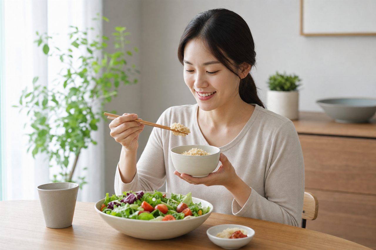 현미밥 한 그릇과 신선한 샐러드가 담긴 아침 식사