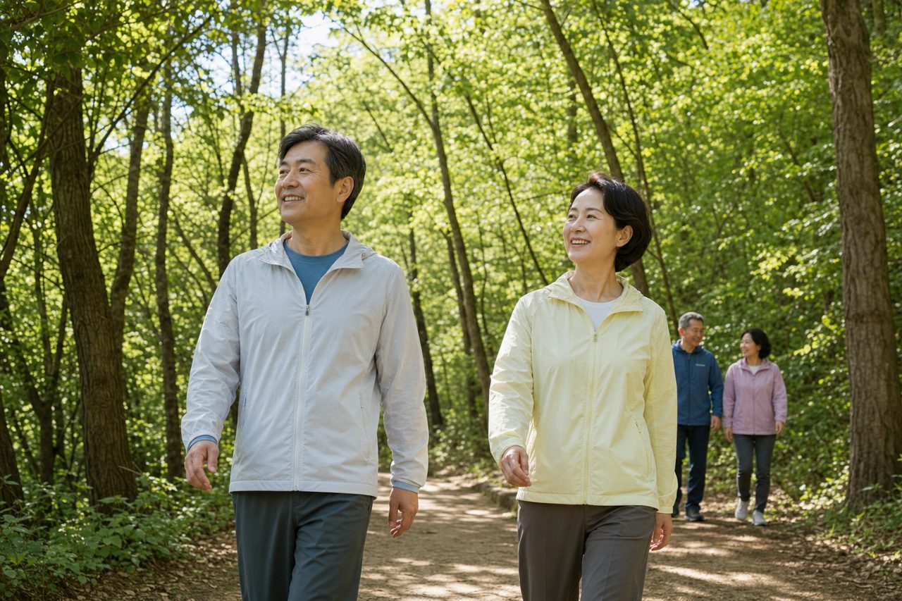햇볕 아래 숲길을 걷는 평온한 자연의 아침 풍경