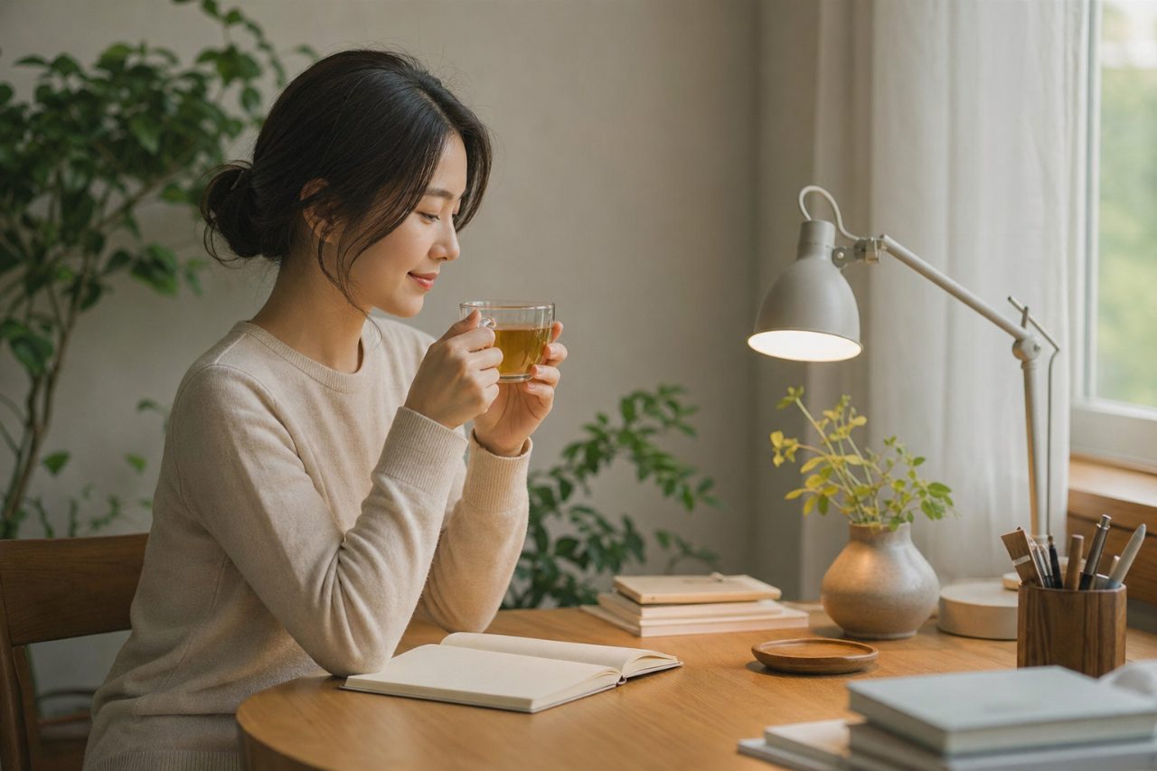 차분한 조명이 있는 책상에 놓인 따뜻한 차 한 잔