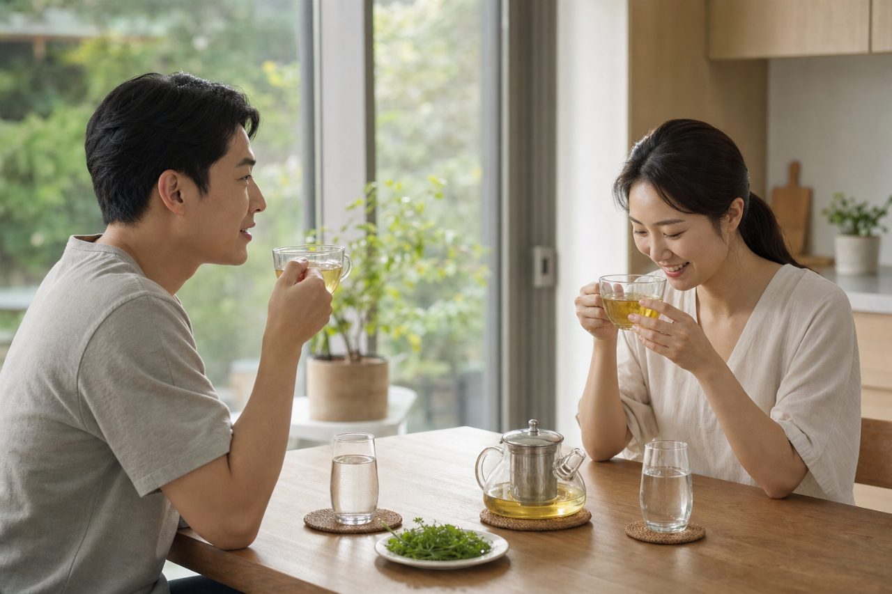 무가당 허브차와 물이 담긴 잔이 테이블 위에 놓여 있다.
