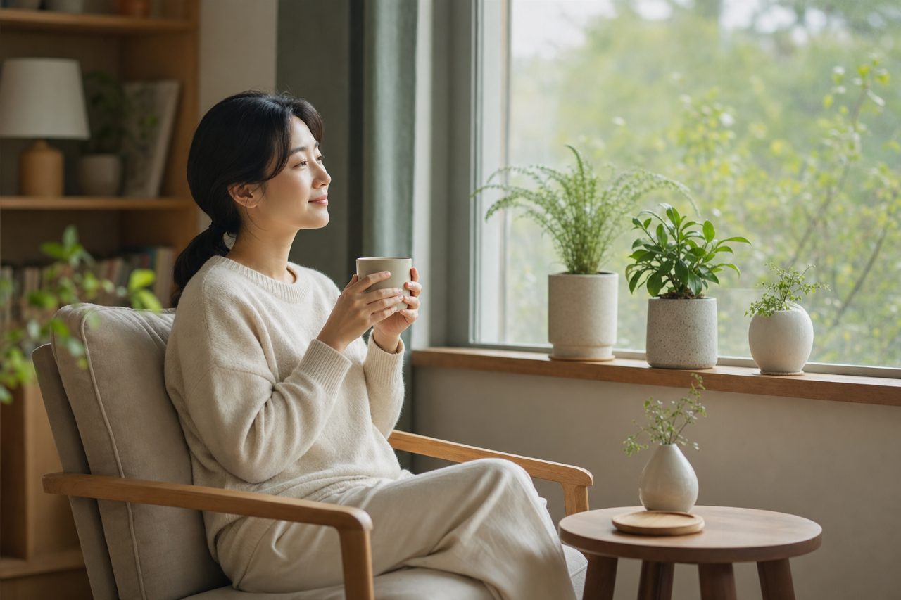 창가에 놓인 화분과 따뜻한 음료처럼 아늑한 환경이 정서 안정에 도움이 된다.