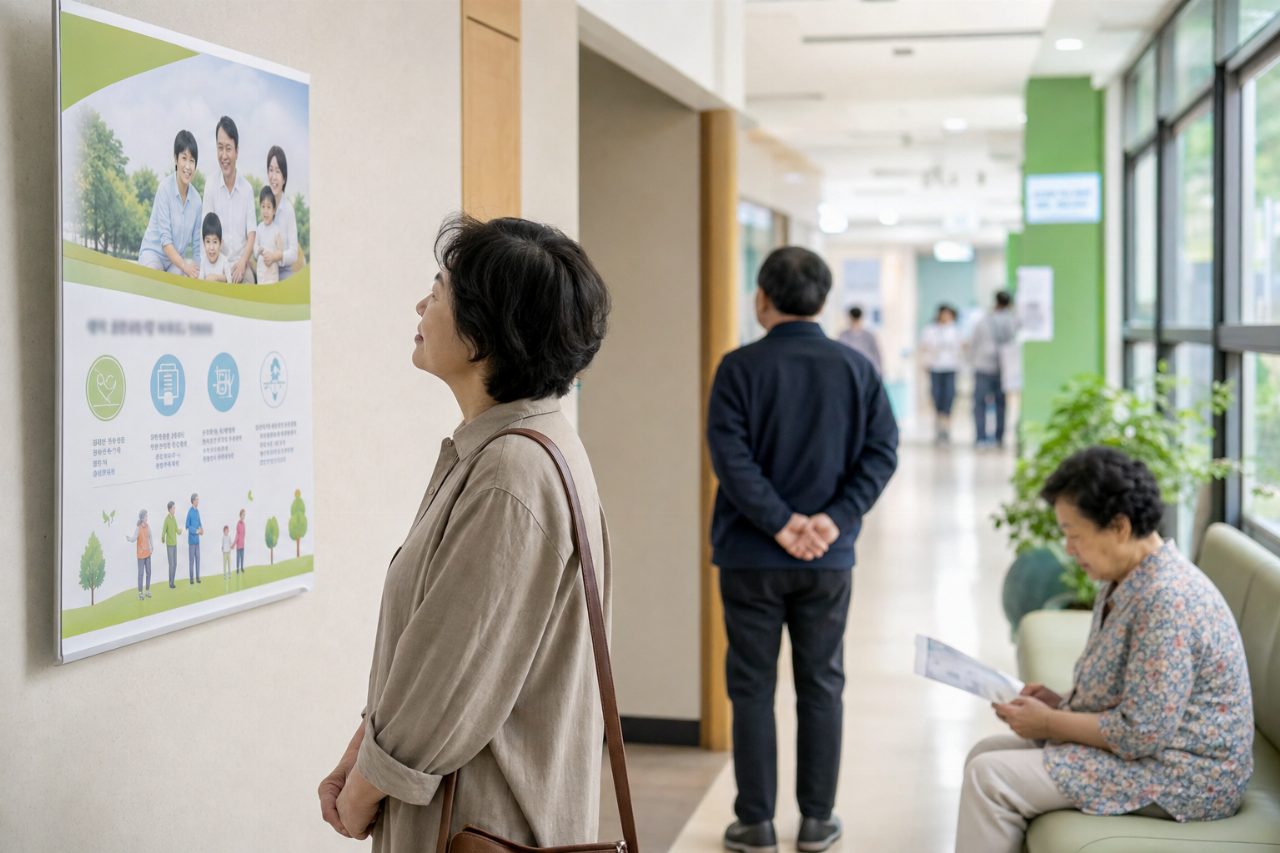 주민 건강 검진 안내 포스터가 게시된 공공 보건소의 복도.
