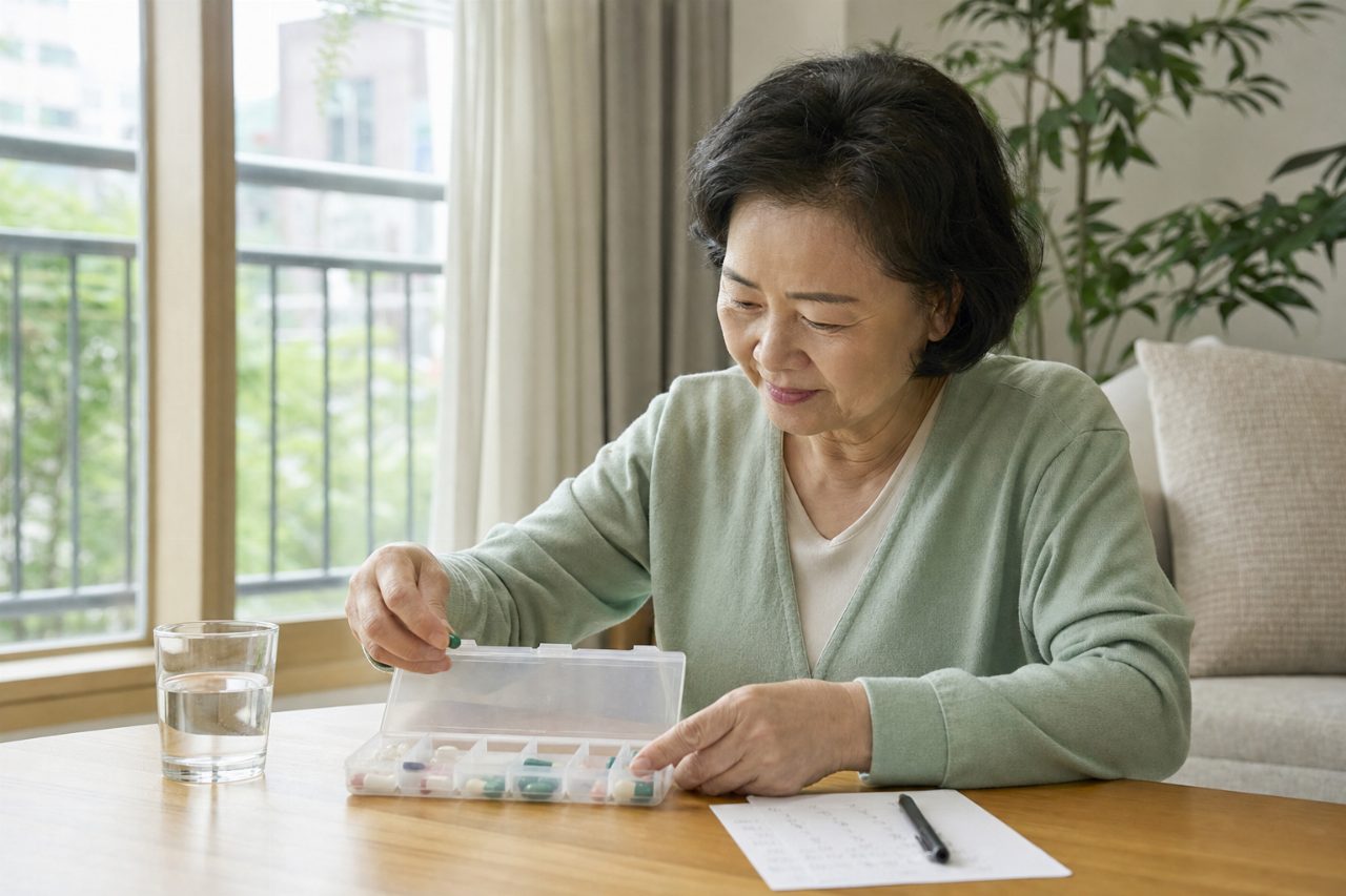 잘 정리된 휴대 pill case와 복약 기록이 적힌 메모지