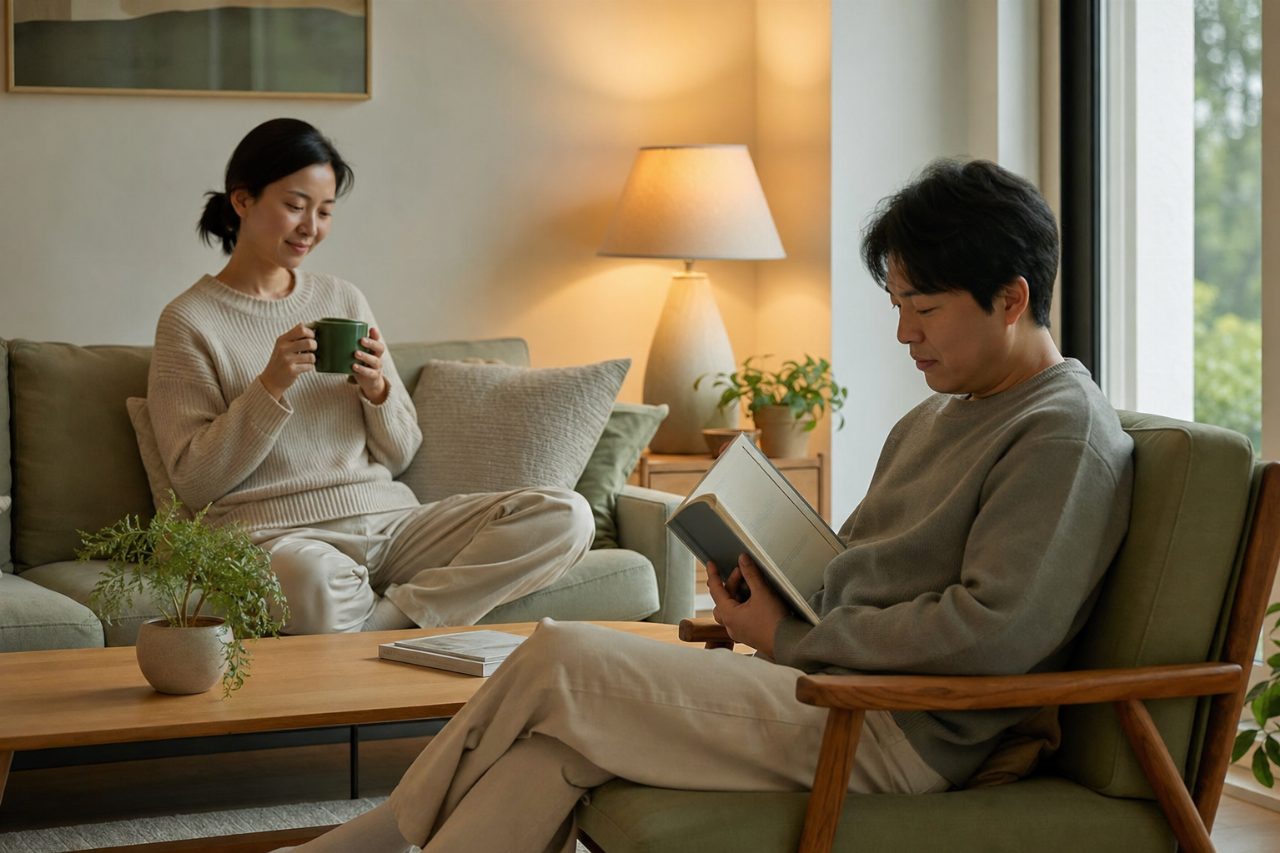 은은한 스탠드 조명이 켜진 거실에서 평온한 분위기
