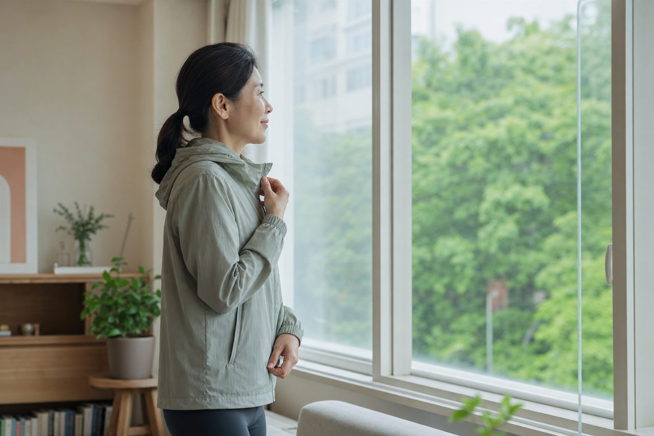 창밖을 바라보며 산책을 준비하는 평화로운 아침 풍경