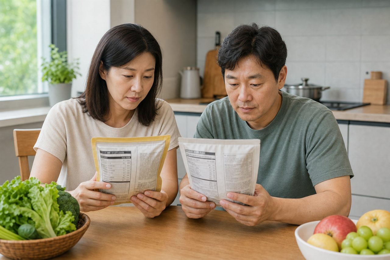 서로 다른 가공식품의 영양성분표를 나란히 비교하는 장면