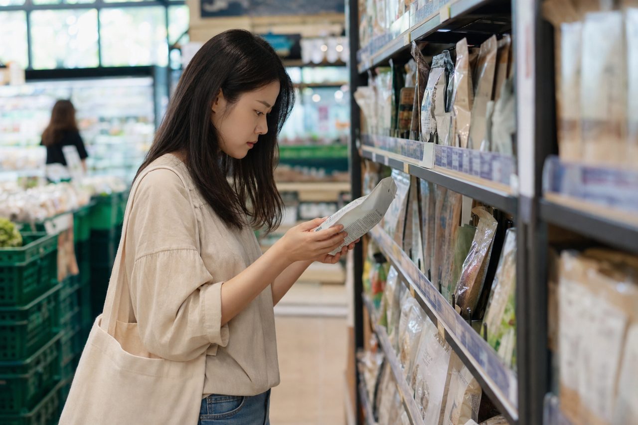 마트 진열대에서 제품을 고르는 장면, 뒷면의 라벨 확인 중