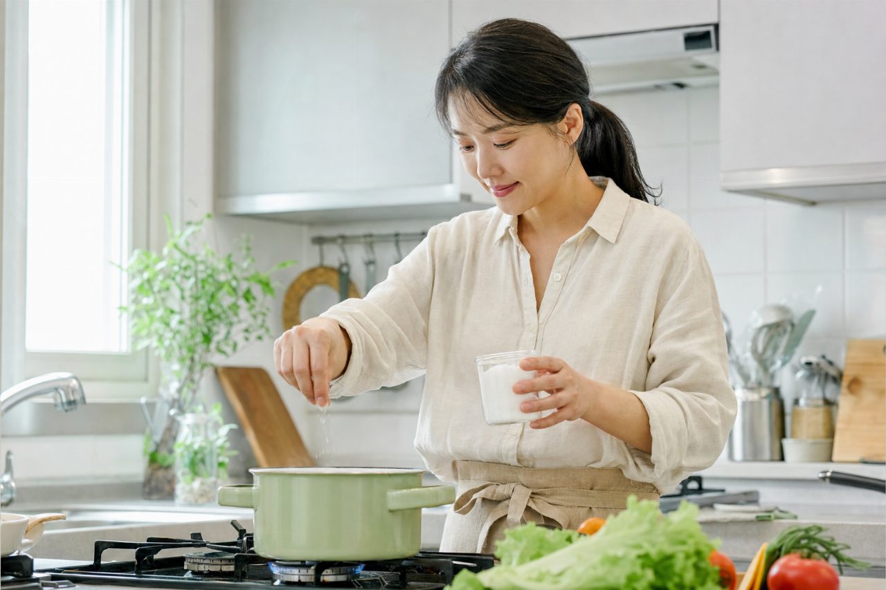밝은 주방에서 소금을 덜어 넣으며 요리하는 손