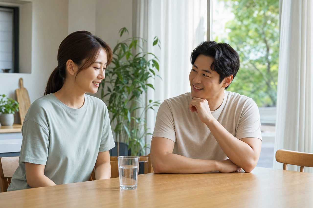 주방 식탁 위에 투명한 물잔이 놓여 있다.