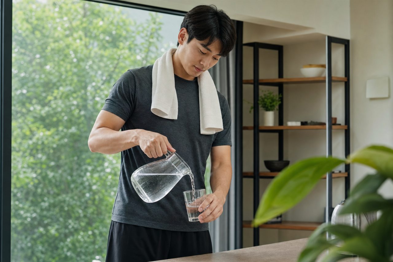 운동 후 물 한 컵을 준비하는 손의 모습