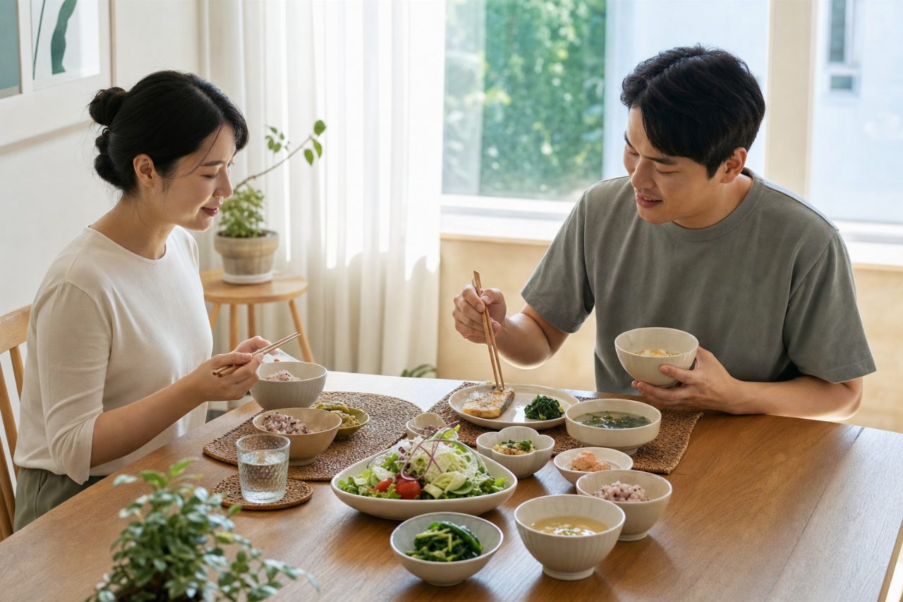 아침햇살이 드는 식탁 위의 간편 건강식 한 상차림