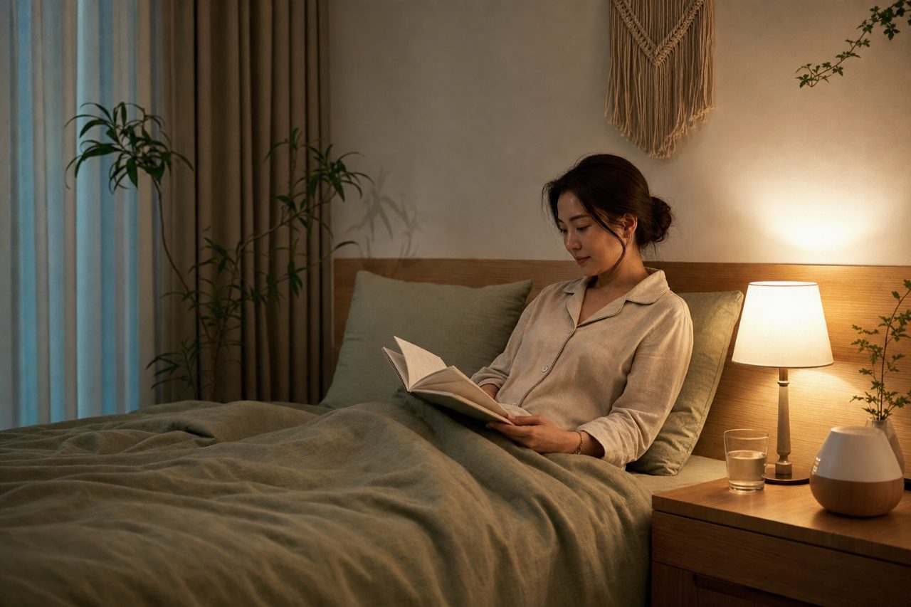 잠들기 전 은은한 조명이 켜진 침실