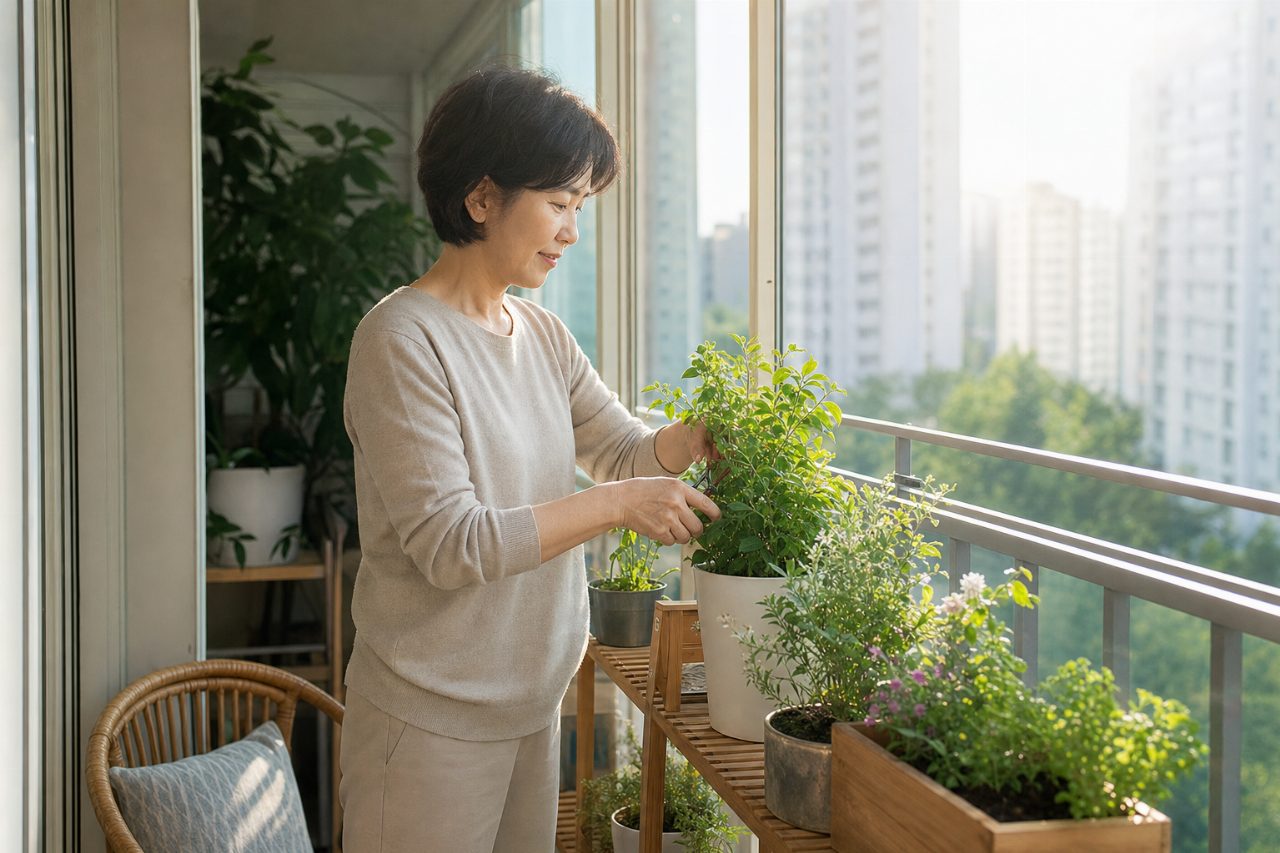 아침 햇빛이 들어오는 베란다의 조용한 풍경