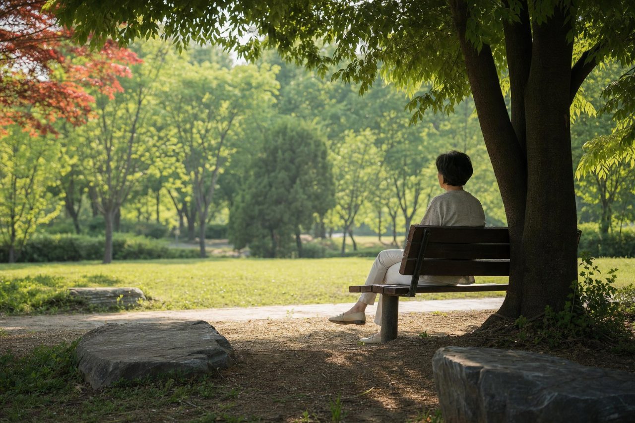 햇살이 따뜻하게 비추는 공원, 그늘 아래 앉아 있는 사람들의 실루엣