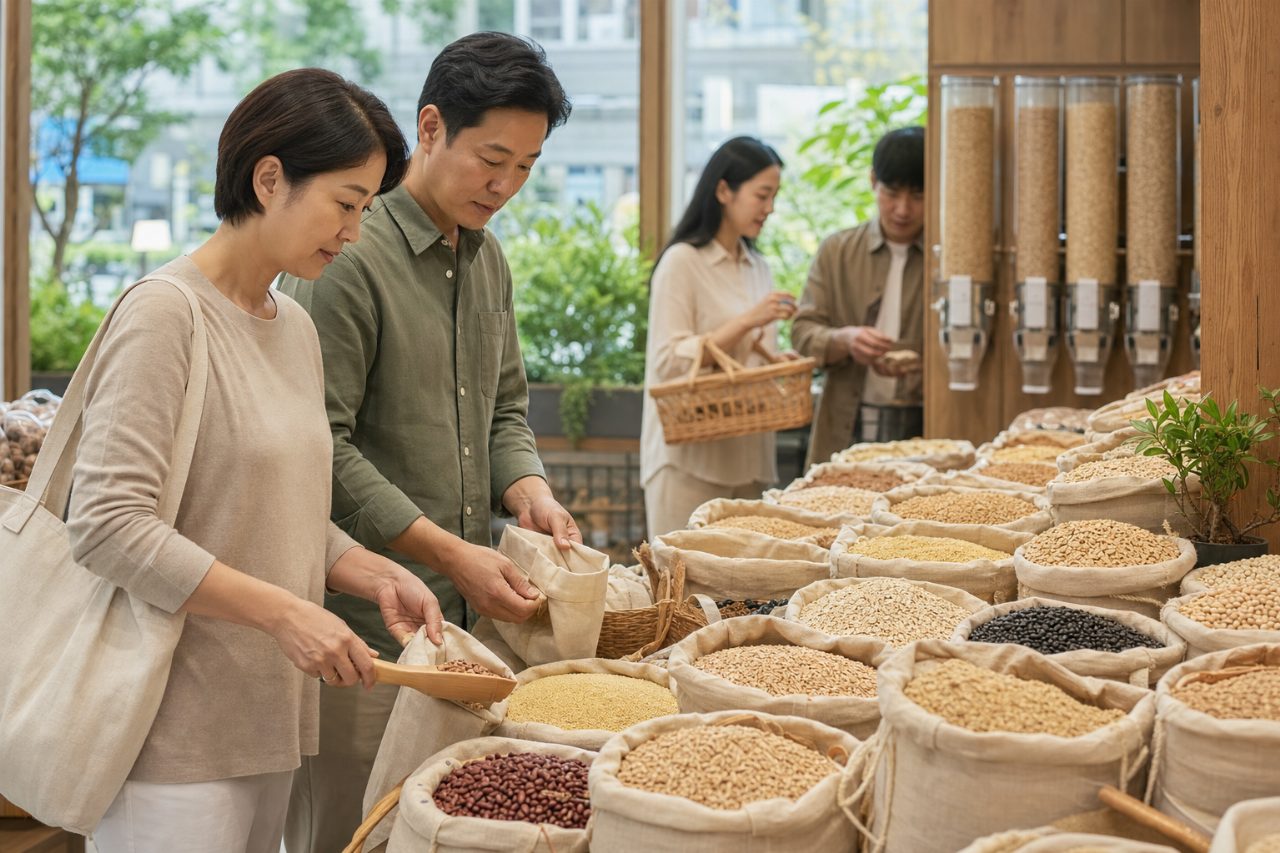 통밀, 현미, 귀리 등 다양한 통곡물이 진열된 모습