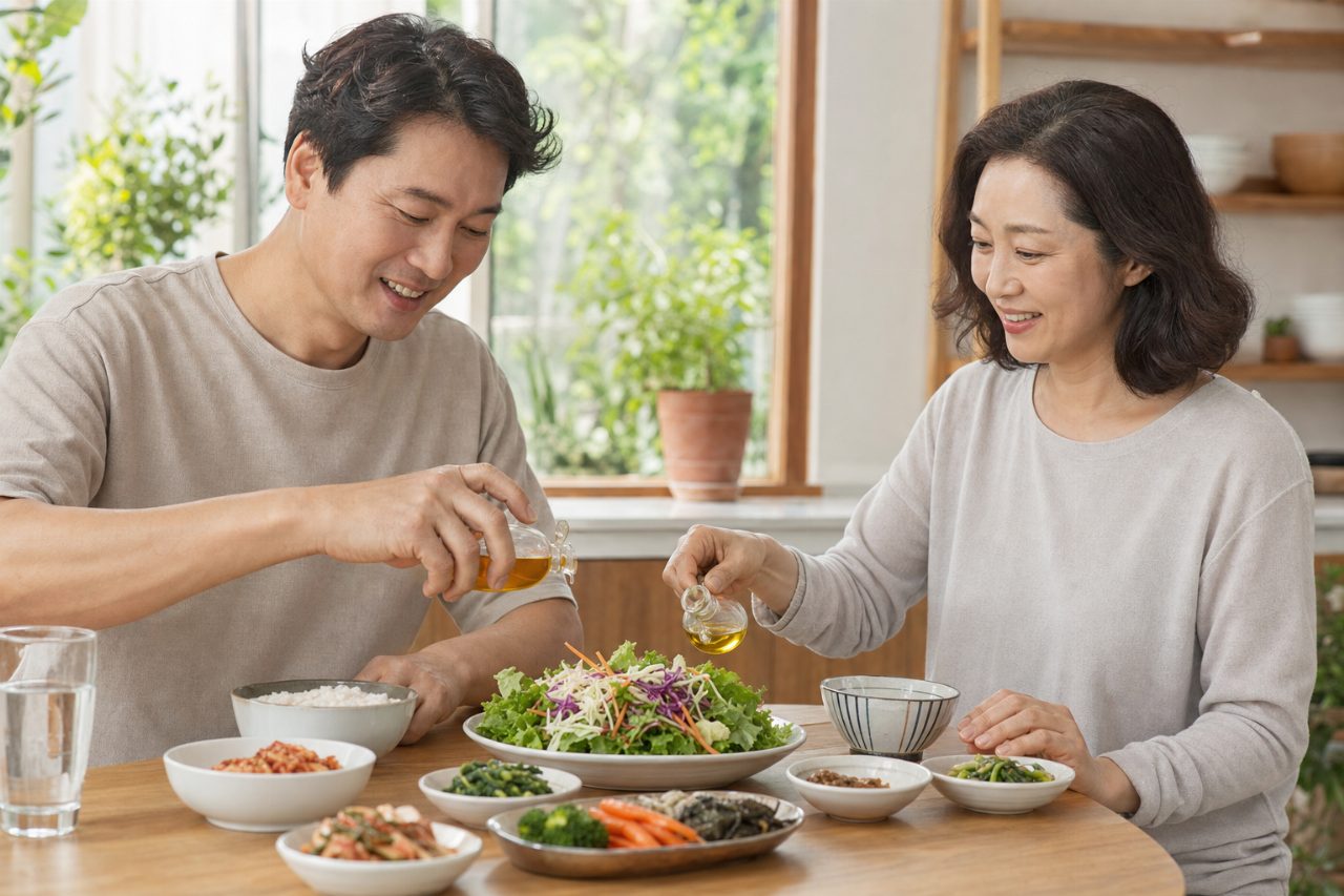 채소 샐러드와 함께 곁들인 소량의 들기름과 참기름
