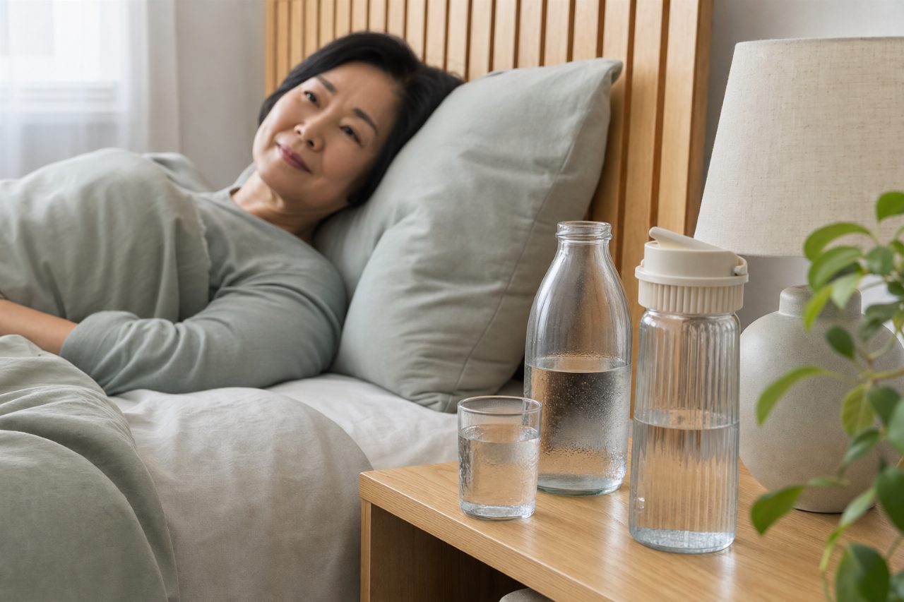 몇 개의 물컵과 물병이 침대 머리맡에 놓인 장면.