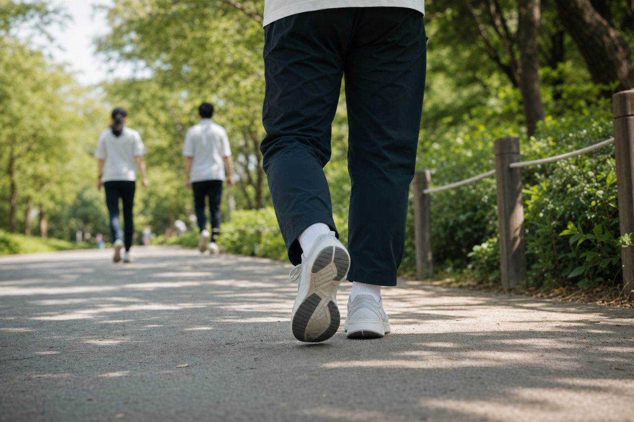 공원에서 운동화를 신고 천천히 걷는 사람의 발