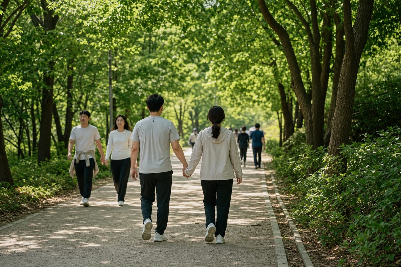 햇살 내리쬐는 산책로와 울창한 나무가 있는 풍경.